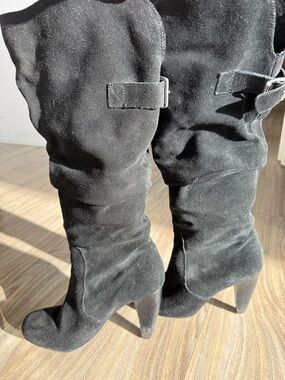 Black Suede Slouchy Heeled Boots